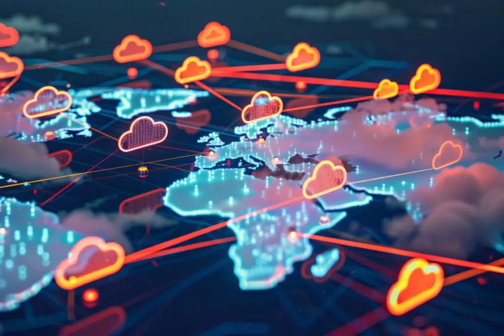 Cloud icons distributed across a global map, connected by high speed data highways, illustrating the efficiency and performance benefits of cloud based content delivery networks